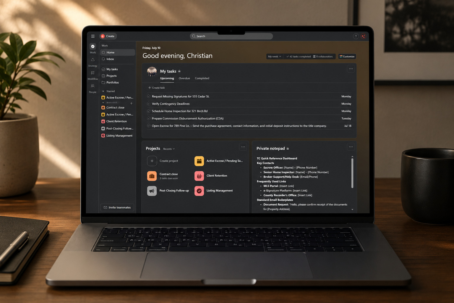 Asana MLS listing task dashboard sample